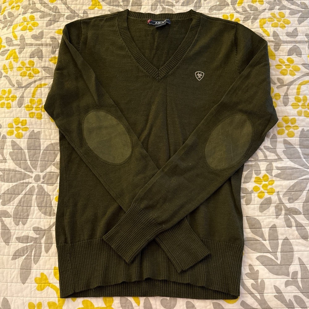 Ariat women’s V-Neck Olive Sweater with Elbow Patches